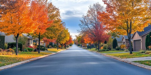 Tranquil road in a residential area during the autumn season, showcasing the beauty of the autumn landscape along the quiet road and the vibrant colors of autumn foliage.
