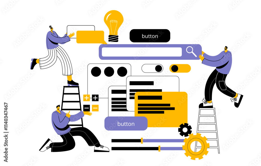 Aufkleber a team of developers, managers and designers creates a mobile app. the concept of a vector illustrat