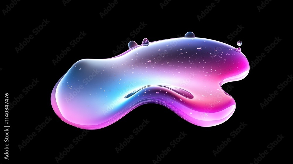 Poster colorful fluid blob with drops, gradient background on black.