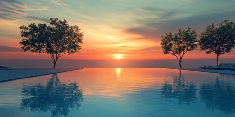 Naklejka premium Sunrise reflection on a tranquil pool showcases the beauty of still water. The serene sunrise enhances the peaceful atmosphere of the resort pool, creating a captivating visual experience.