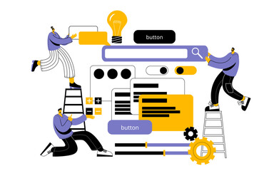 A team of developers, managers and designers creates a mobile app. The concept of a vector illustration in a cartoon on the theme of mobile app development.