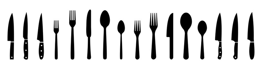 Knife icon. Set different fork, spoon and knife icons sign. Silverware icons. Logotype menu. Menu symbol. Black silverware icon. Vector illustration.