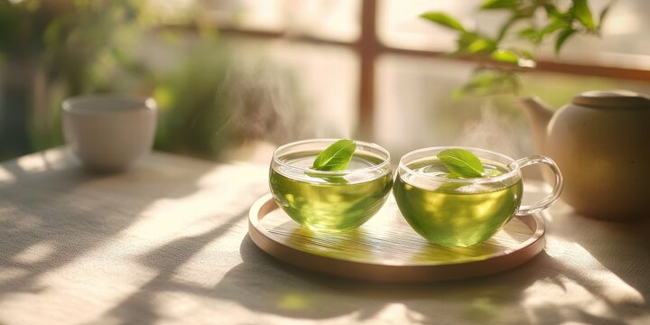 Enjoy a morning breakfast featuring green tea, promoting a healthy lifestyle. Start your day with refreshing green tea for an invigorating and nutritious breakfast experience.