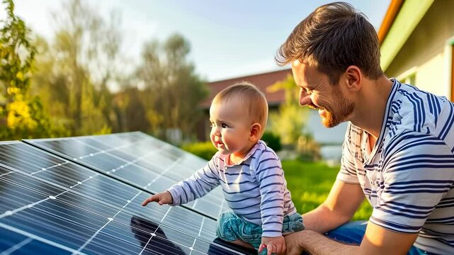 A young Caucasian man and his toddler son inspect a solar panel together outdoors during a sunny afternoon. The child points curiously, both dressed casually in striped outfits, embodying a moment of