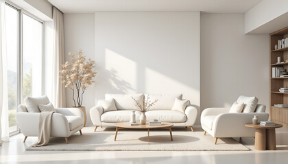 Minimalist Living Room Design, White Sofa, Chairs, Wood Accents