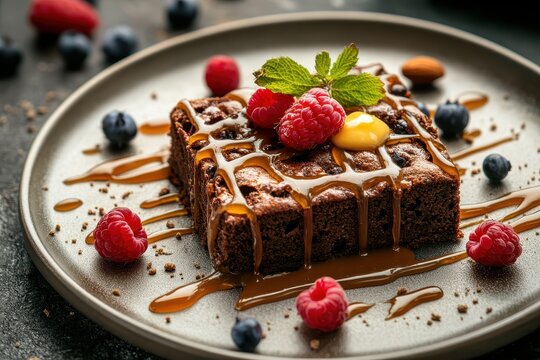 Salted caramel brownie cake topped with anglaise foam raspberry sauce praline nuts and fresh berries a delectable dessert presented at a contemporary gourmet r