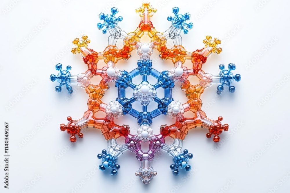 Poster a colorful molecular structure resembling a snowflake.