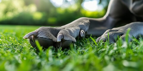 Large dog paw resting on fresh grass in a park, showcasing a Weimaraner foot with a close up view of the nails and toes, highlighting the beauty of a large dog paw in nature.