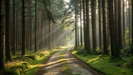 Sunbeams filtering through a misty forest illuminate a moss covered path in the early morning, creating a magical and serene atmosphere filled with tranquility and natural beauty