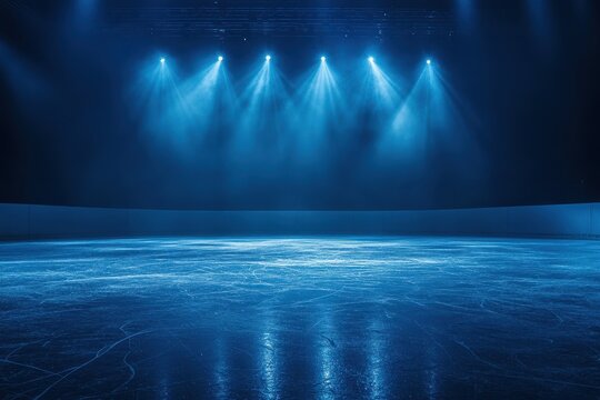 Scenic winter setting with an illuminated ice rink featuring spotlights Dark panoramic view Sports theme