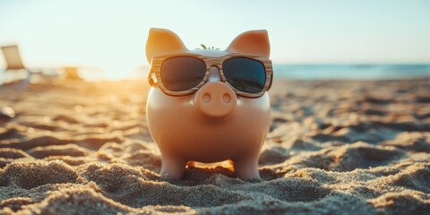 Playful piggy bank wearing sunglasses at the beach, capturing the essence of summer fun. This summer piggy bank adds a whimsical touch to beach vibes with its sunny demeanor.