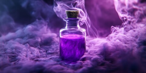 Violet colored smoke bottle filled with magical liquid, representing a witch s mystical concoction of vibrant purple hues and enchanting essence, ideal for fantasy themed visuals.