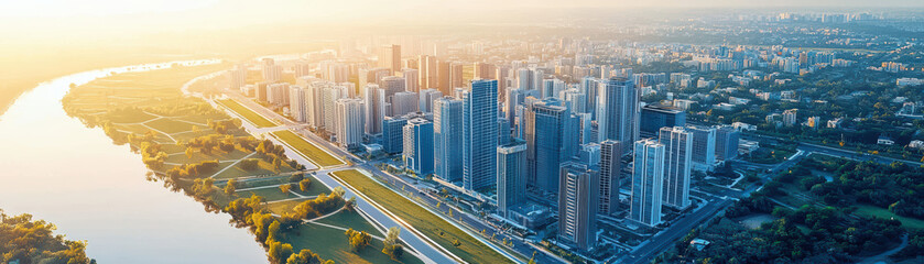 Obraz premium Aerial view of modern cityscape with skyscrapers, river, and green spaces at sunrise