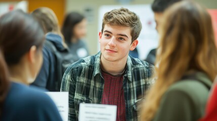 Students exploring different career options at a school career day, engaging with various professionals