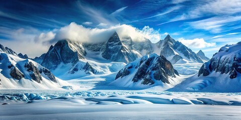 Snow-covered mountain range with asymmetrical peaks