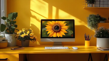 A computer monitor is on a yellow desk with a sunflower image on the screen