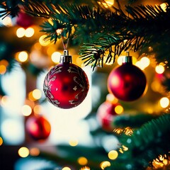 Fototapeta premium Red ornamental balls hang from pine branches on a beautifully decorated Christmas tree, illuminated by soft, warm lights, evoking a cozy holiday spirit. Generative AI