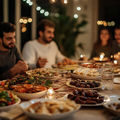 A cozy family gathering during Ramazan’s iftar. The table is set with traditional dishes and delicious meals, creating a warm, festive atmosphere to celebrate the end of the fast in a private home.