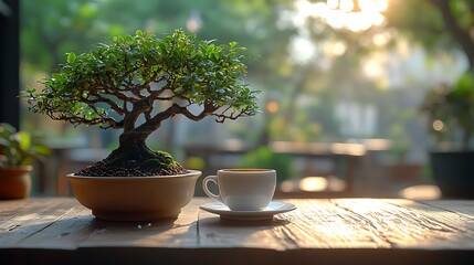 Serene Caf&egrave; Scene Featuring Coffee and Bonsai Plant in Soft Morning Light