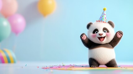 Happy Cartoon Panda with Party Hat Celebrating Birthday Joyfully