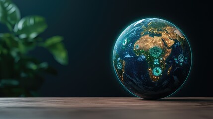 Fototapeta premium Environmetal Stakeholder engagement Biodiversity Glowing globe on a wooden surface with a plant in the background.