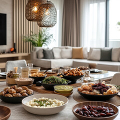A cozy family gathering during Ramazan’s iftar. The table is set with traditional dishes and delicious meals, creating a warm, festive atmosphere to celebrate the end of the fast in a private home.