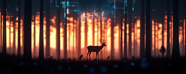 Environmetal Stakeholder engagement Biodiversity A deer stands in a glowing forest with digital elements in the background.