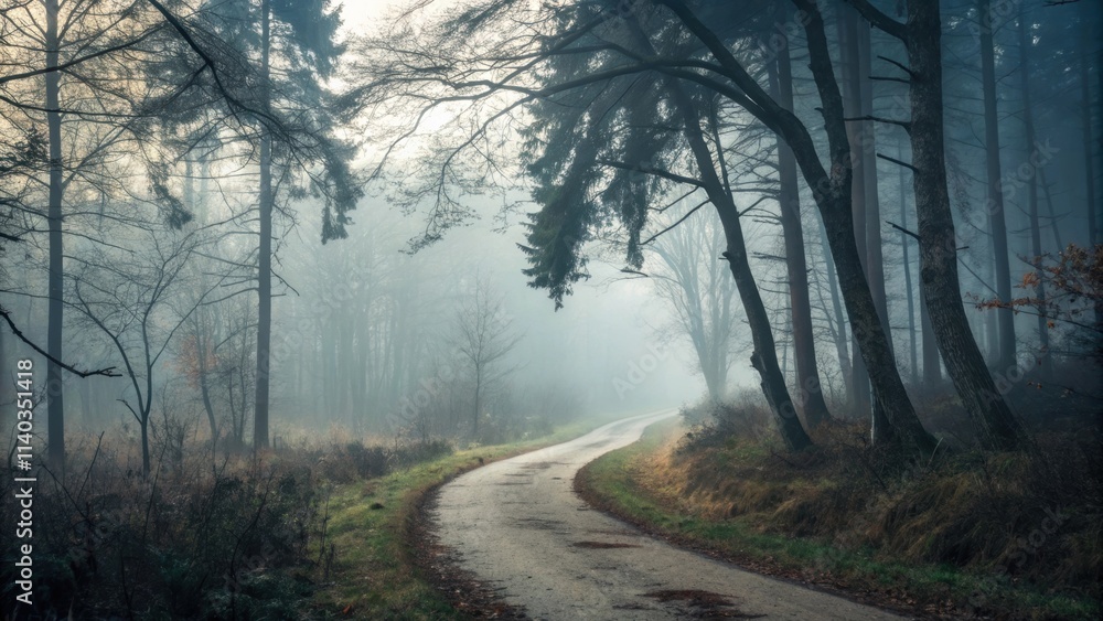 Aufkleber light fog rolls through a mysterious forest at sunrise, creating a serene and moody atmosphere as a 