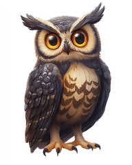 Fototapeta premium a realistic cartoon illustration of a wise owl perched upright with big eyes and sharp feathers, isolated on white, full-frame, sharp focus.