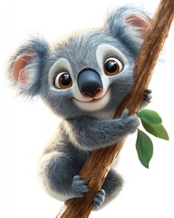 Obraz premium a realistic cartoon illustration of a cheerful koala clinging to an invisible tree, fluffy gray fur and big round ears, isolated on white.