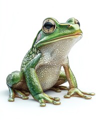 Obraz premium a realistic cartoon illustration of a lively frog sitting on its hind legs, bright green with detailed skin texture, isolated on a white background.