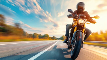 Fototapeta premium A motorcyclist speeds down a scenic highway at sunset, capturing the thrill of freedom and adventure on a powerful bike.