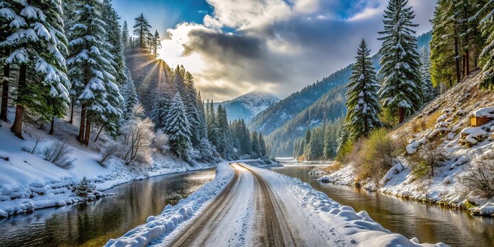 Snowy dirt road with tilted angle tracks along Upper Applegate River in Southern Oregon