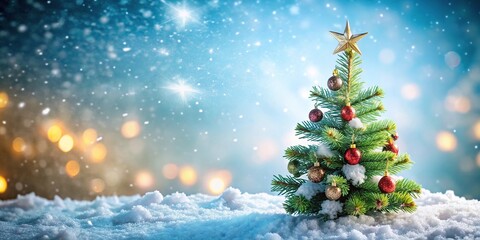 Obraz premium Snowy fir tree with Christmas ornaments on a festive background