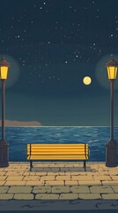 A bench on the seaside promenade, brick floor with streetlights, a cartoon-style night sky, moonlight shining in the distance