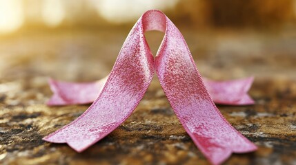 Pink ribbon awareness symbol on a wooden surface.