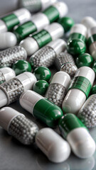 Close-up of green and white capsules with visible granules on gray surface, pharmaceutical medication