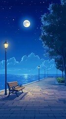 A bench on the seaside promenade, brick floor with streetlights, a cartoon-style night sky, moonlight shining in the distance