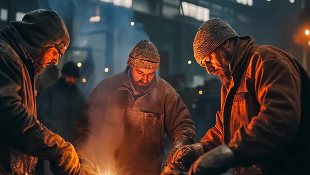 Three men focus on grinding metal, sparks flying around them, set against a dimly lit workshop. Their rugged workwear and intent expressions underscore the hard labor typically seen in such