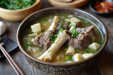 Seolleongtang is a milky soup made from beef bones in Korean cuisine