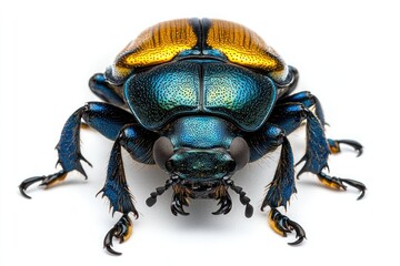 Fototapeta premium Vibrant iridescent beetle showcasing blue and gold hues