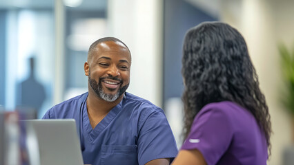 Fototapeta premium Two healthcare professionals engage in a productive discussion in a contemporary office, focusing on teamwork and patient care during their meeting