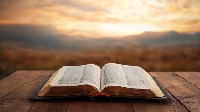 Glowing Sunrise Shines Over Open Bible on Wooden Surface,Symbolizing Faith