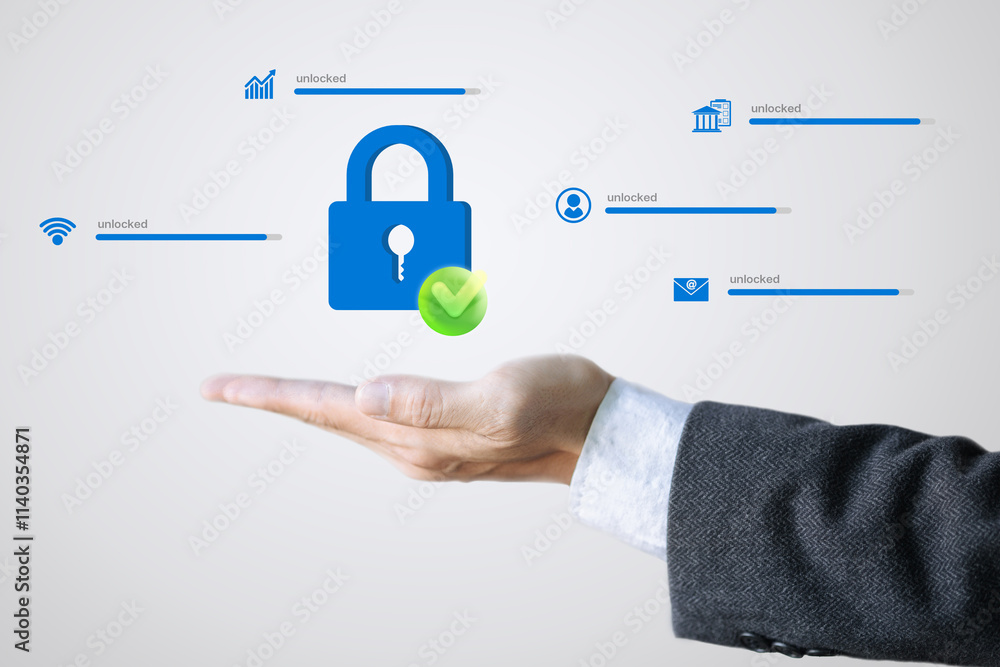 Poster a man holds a key in his hand. the key is green and has a check mark on it, along with various secur