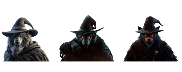 Three Enigmatic Wolf Characters in Enchanted Wizard Costumes 