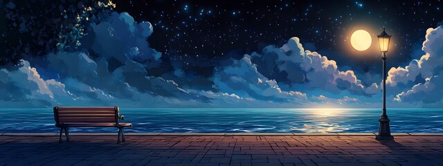 A bench on the seaside promenade, brick floor with streetlights, a cartoon-style night sky, moonlight shining in the distance