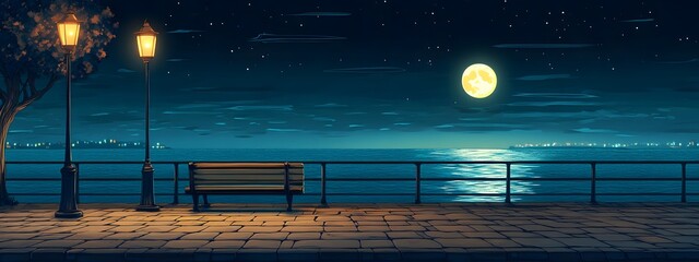 A bench on the seaside promenade, brick floor with streetlights, a cartoon-style night sky, moonlight shining in the distance