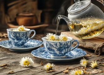 Fototapeta premium Serving chrysanthemum tea from a glass kettle into blue porcelain cups on a wooden table with a plate of dried tea leaves