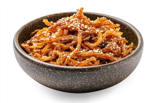 Sesame seasoned dried shredded squid ojingeochae muchim on a white background