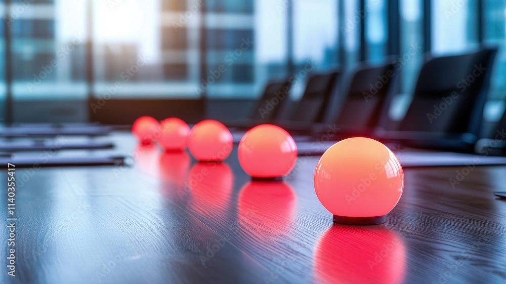 Poster a modern conference room featuring a long table with vibrant red spheres, creating a striking visual